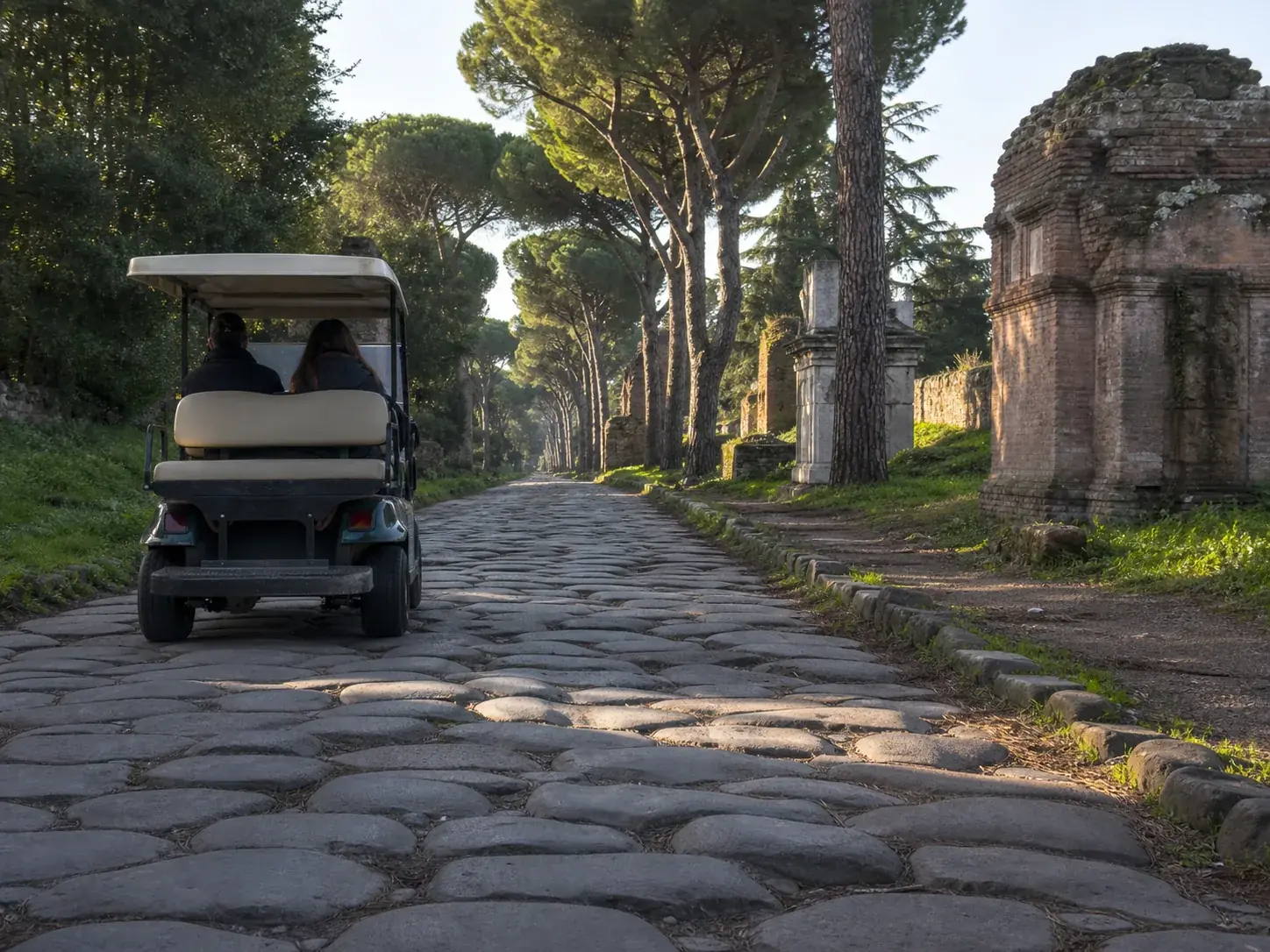 Driver-guide leading a shared cart tour through historic Rome streets