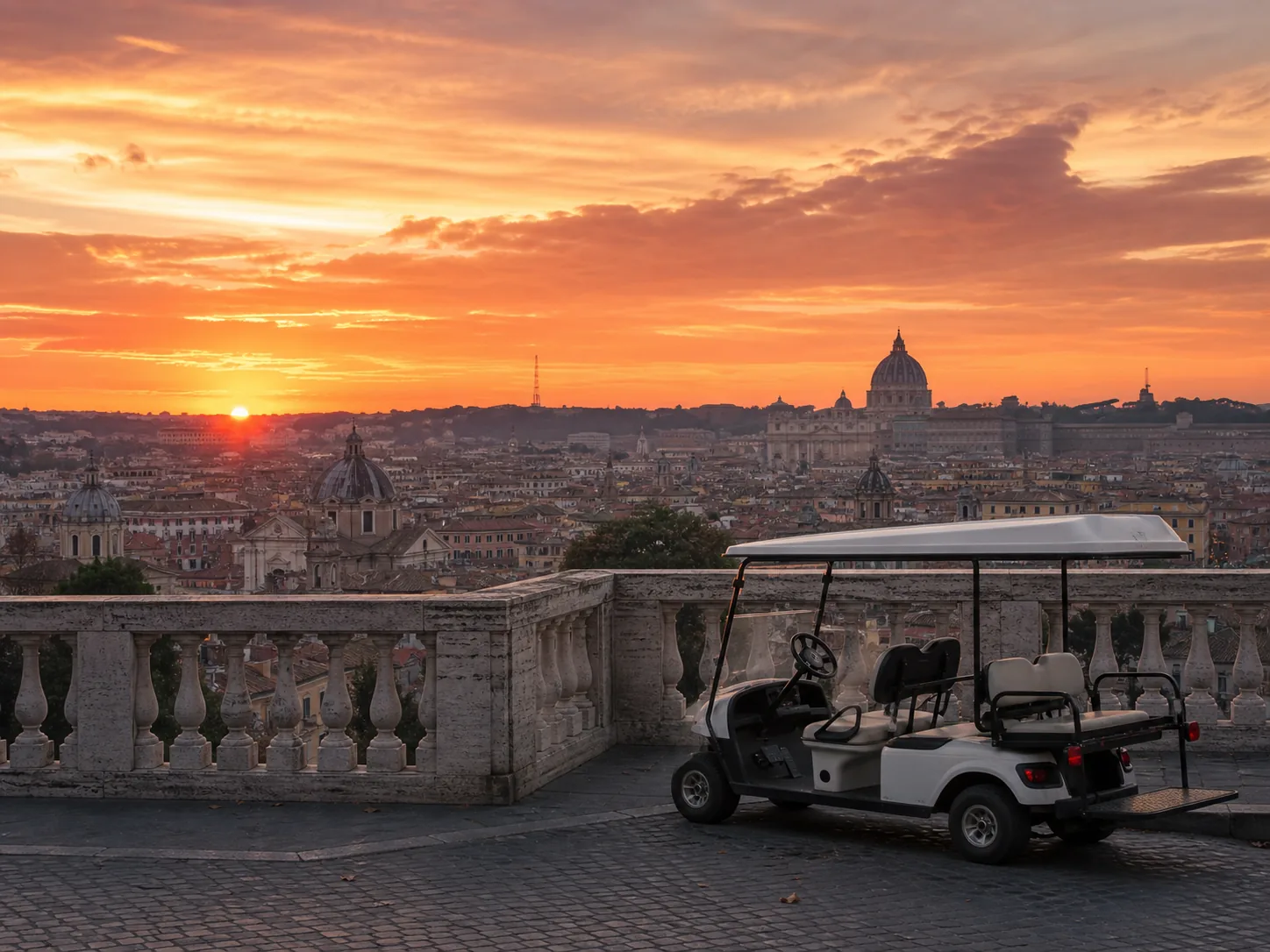 Open-sided golf cart with passengers
